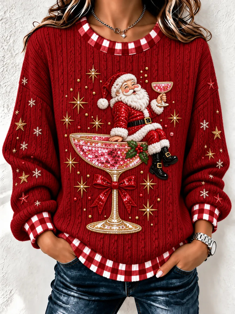 Women's Santa Cocktail Christmas Sweatshirt - Deep Red