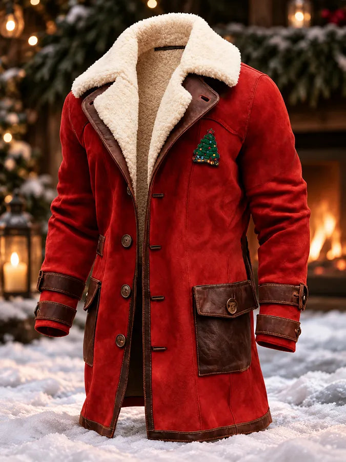 Men'S Long Coat , Color-Block Design, And Plush Paneling – Warm Christmas Style