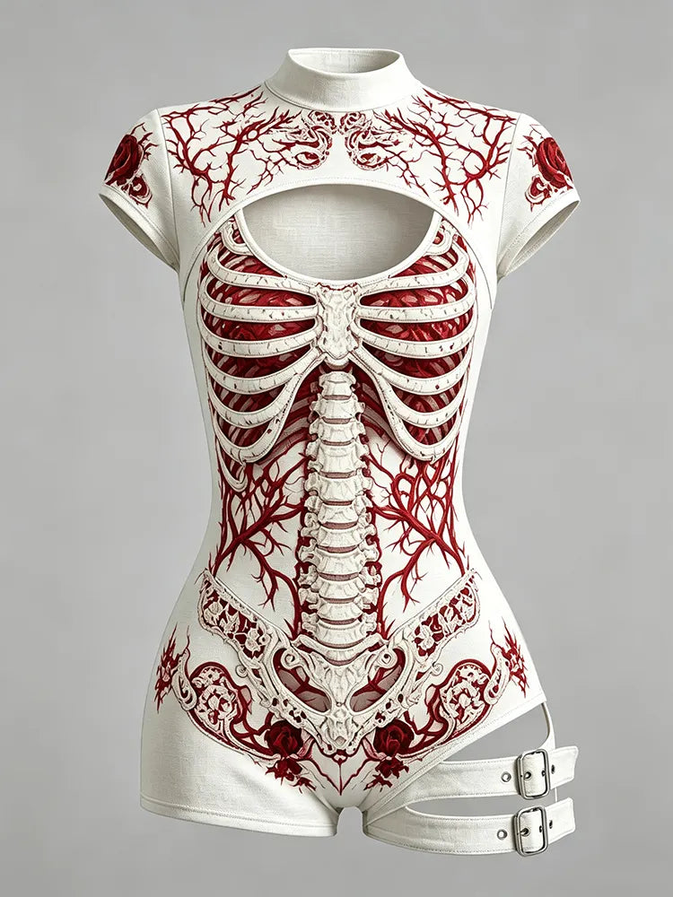 Women's Retro Bloodstained Bone Rose Print Short-sleeve High-neck Jumpsuit