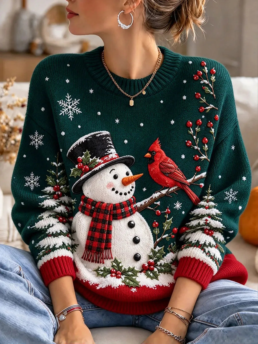 Ladies' Christmas Snowman Pattern Casual Knitted Shirt