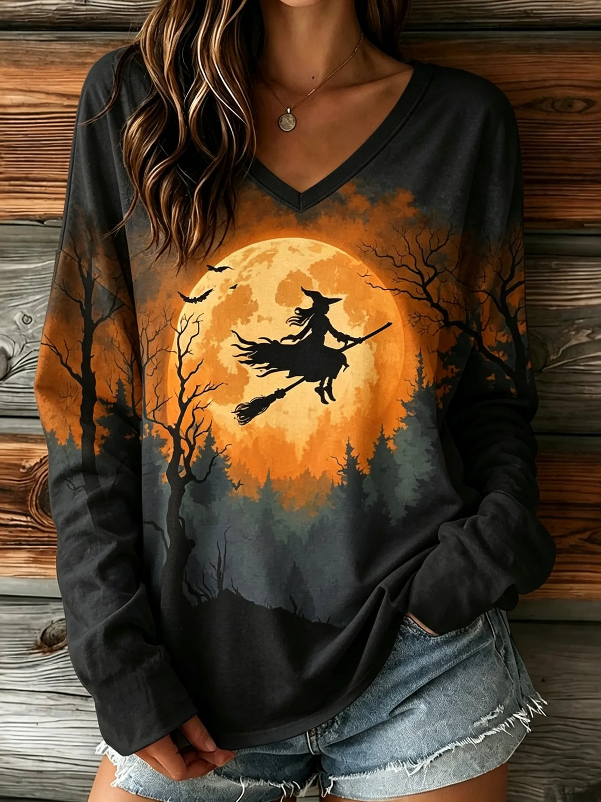 Women's Halloween Broom Print V-neck Long-sleeved T-shirt