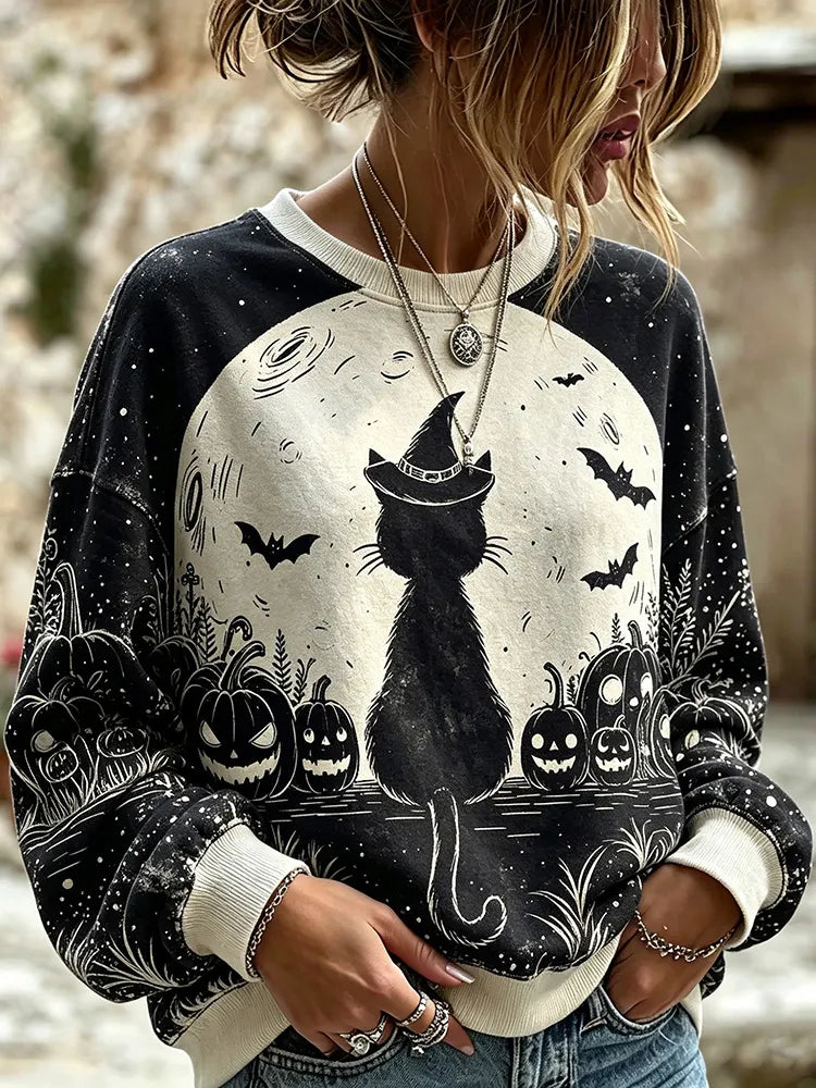 Women's Halloween Retro Witch Black Cat Moon Pumpkin Bat Pattern Distressed Loose Casual Top