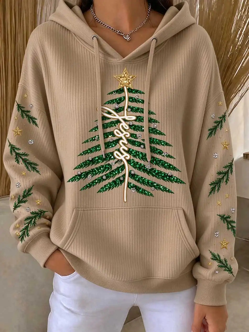Women Jesus Christmas Tree Glitter Print White Hoodie