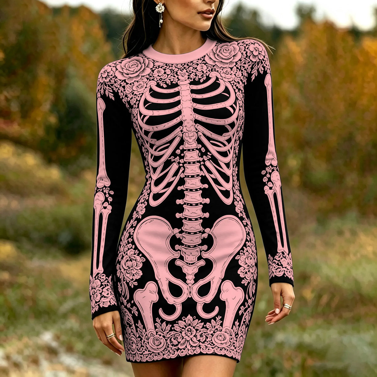 Women's Gothic Skeleton White Rose Art Print Bodycon Mini Dress