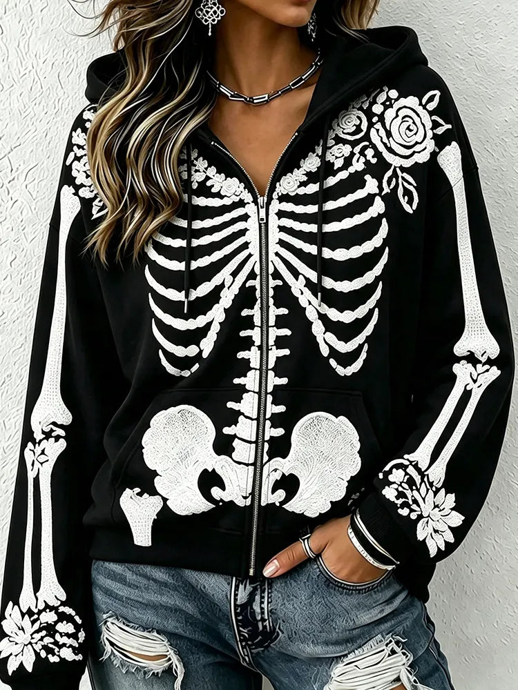 Women's Retro Skull Rose Halloween Zippered Gothic Hoodie