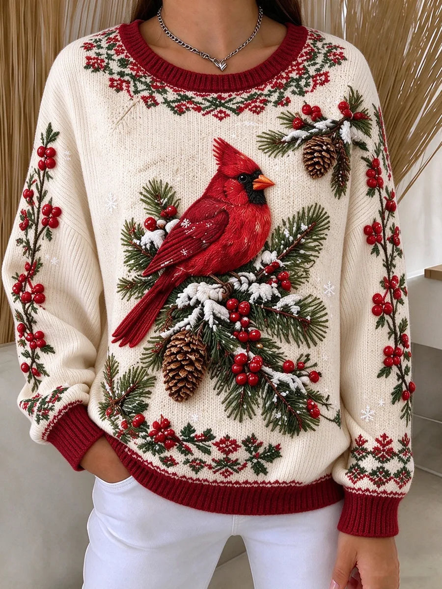 Women's Christmas Cardinal Long Sleeve Sweater - Off White