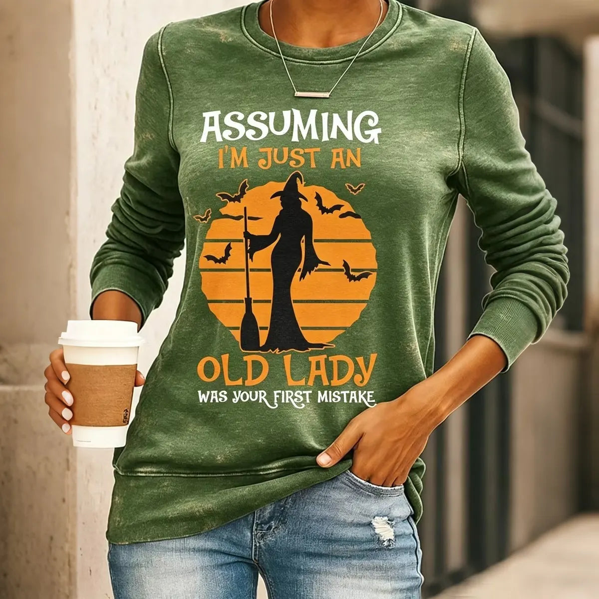 Assuming I'm Just An Old Lady Women's Halloween Print Pattern Casual Crew Neck Sweatshirt