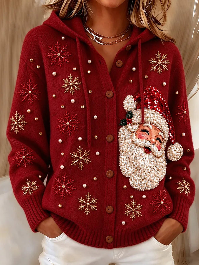 Women's Santa and Snowflake Hooded Knit Cardigan - Red