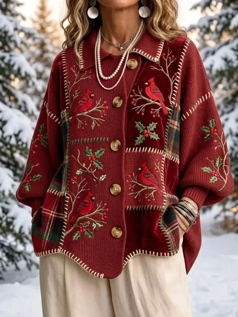 Women's Christmas-Themed Floral and Bird-Patterned Knit Sweater