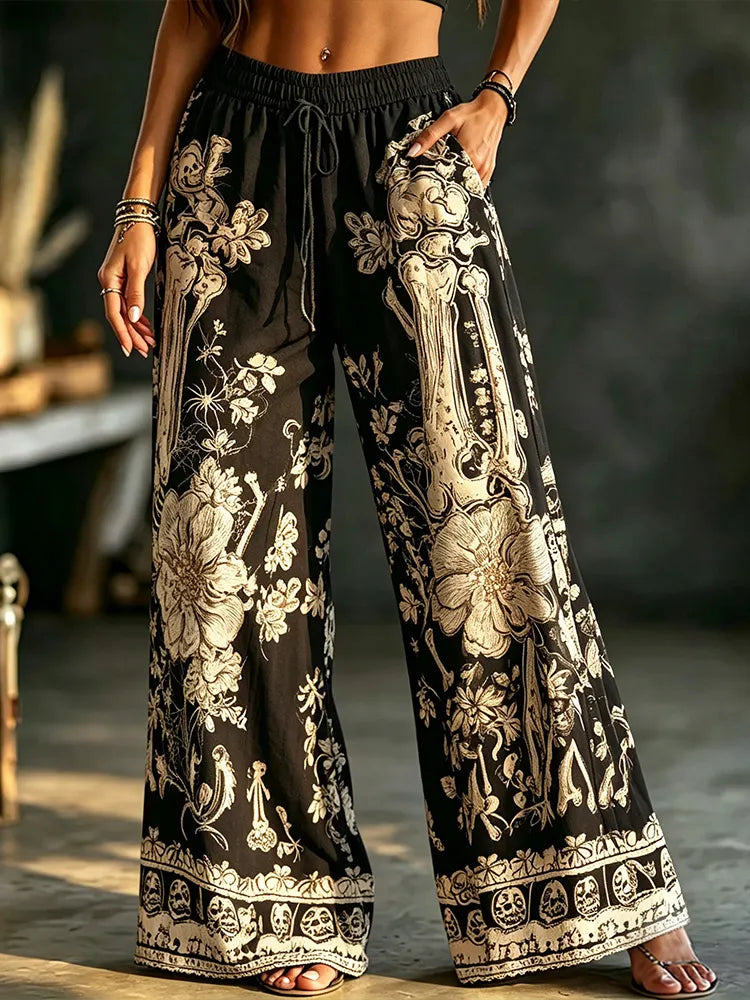 Women's Boho Gothic Skeleton Floral Print Wide Leg Palazzo Pants