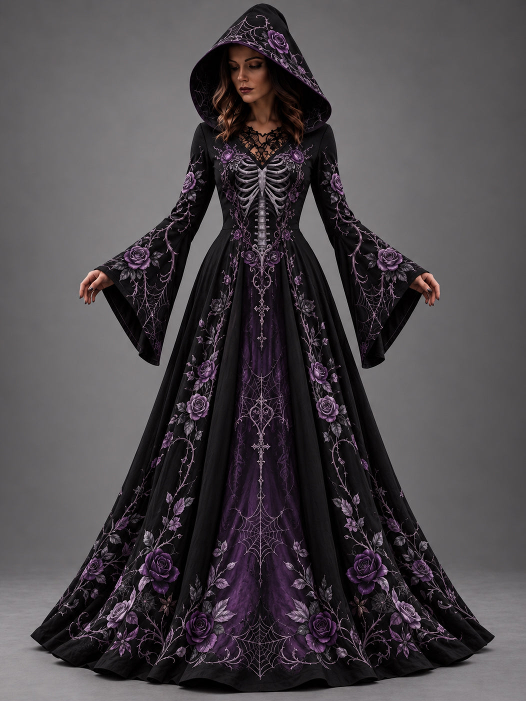 Women's Halloween Gothic Skeleton & Floral Art Long-sleeve Hooded Dress