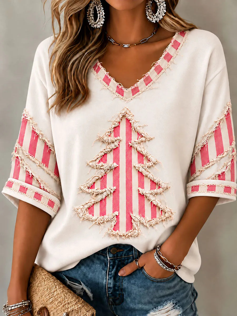 Women's Vintage Christmas Tree Art Mid-length Sleeves V-Neck T-Shirt