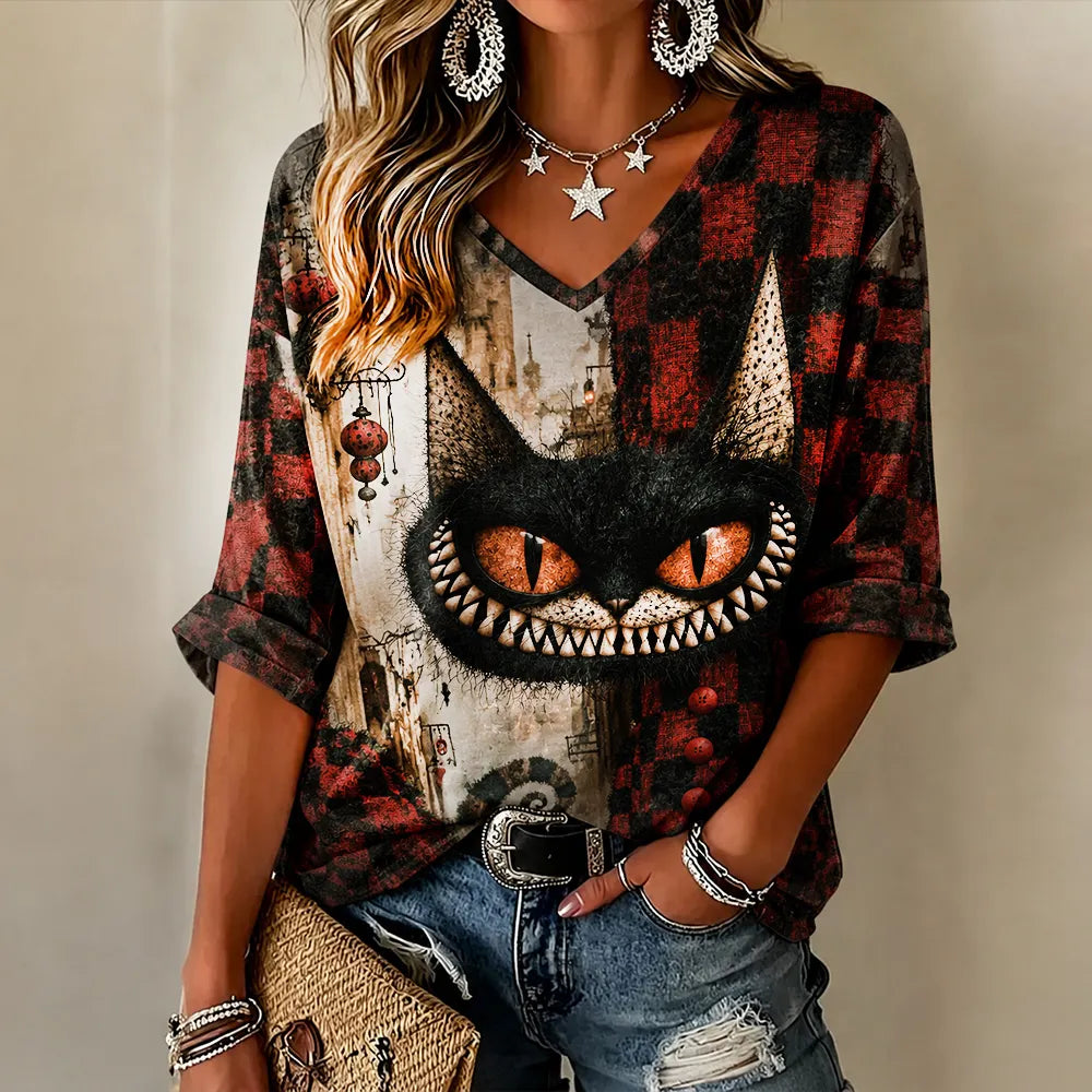Women's Halloween Scaring Cat Art Patchwork Casual V-neck Short Sleeve Top