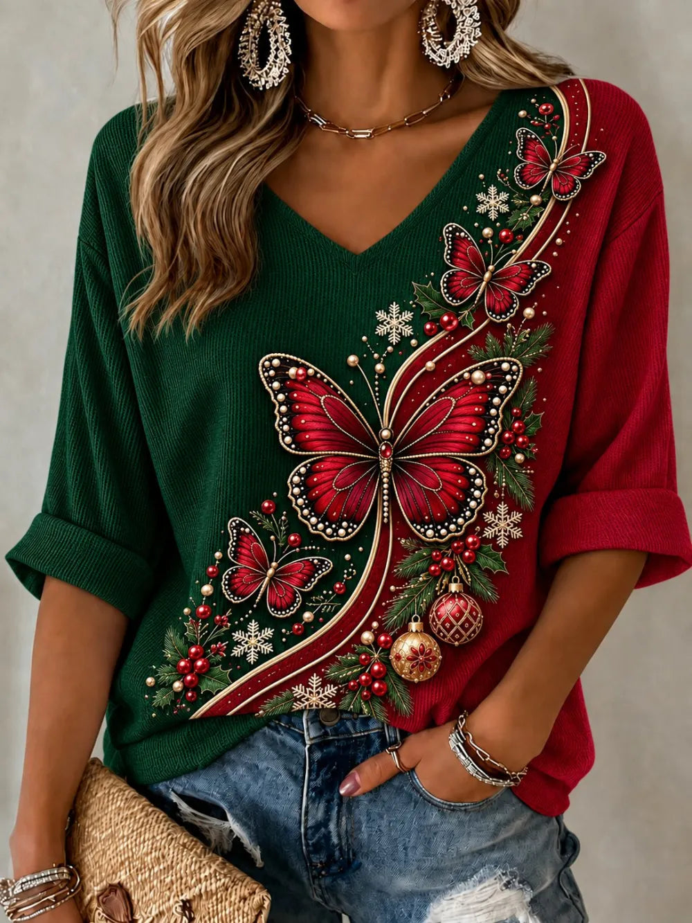 Women'S Christmas Themed Printed Casual T-Shirt