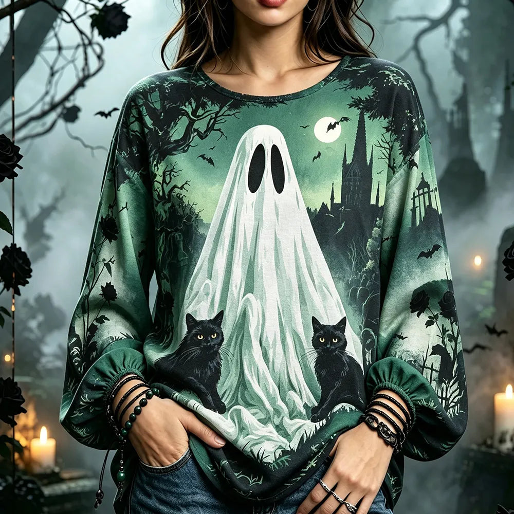 Women's Green Crewneck Long-sleeve Top With Giant Ghost And Black Cats Graphic Print