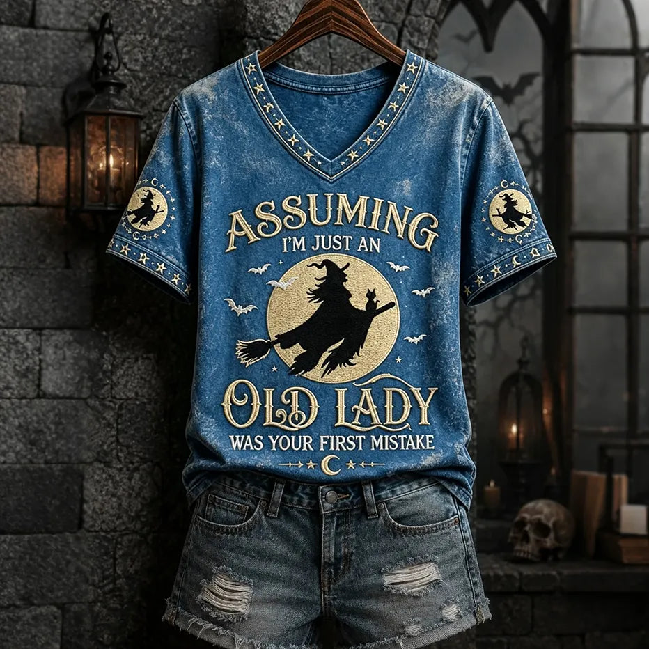 Assuming I'm Just An Old Lady Women's Halloween Print Pattern Casual V-neck T-shirt