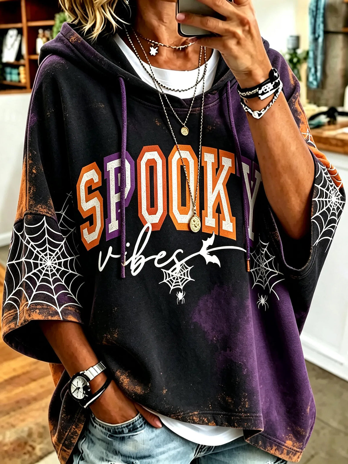 Women's Retro Halloween Spooky Vibe Print Casual Hooded Sweatshirt
