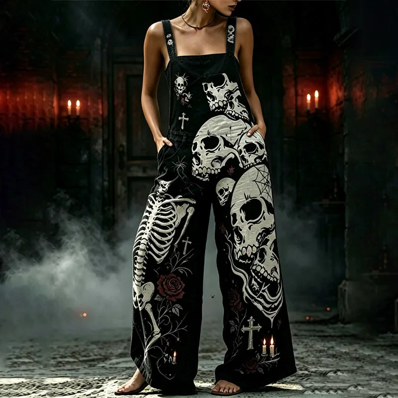 Women's Gothic Style Halloween Skull Skeleton Rose Strap Overalls Jumpsuit
