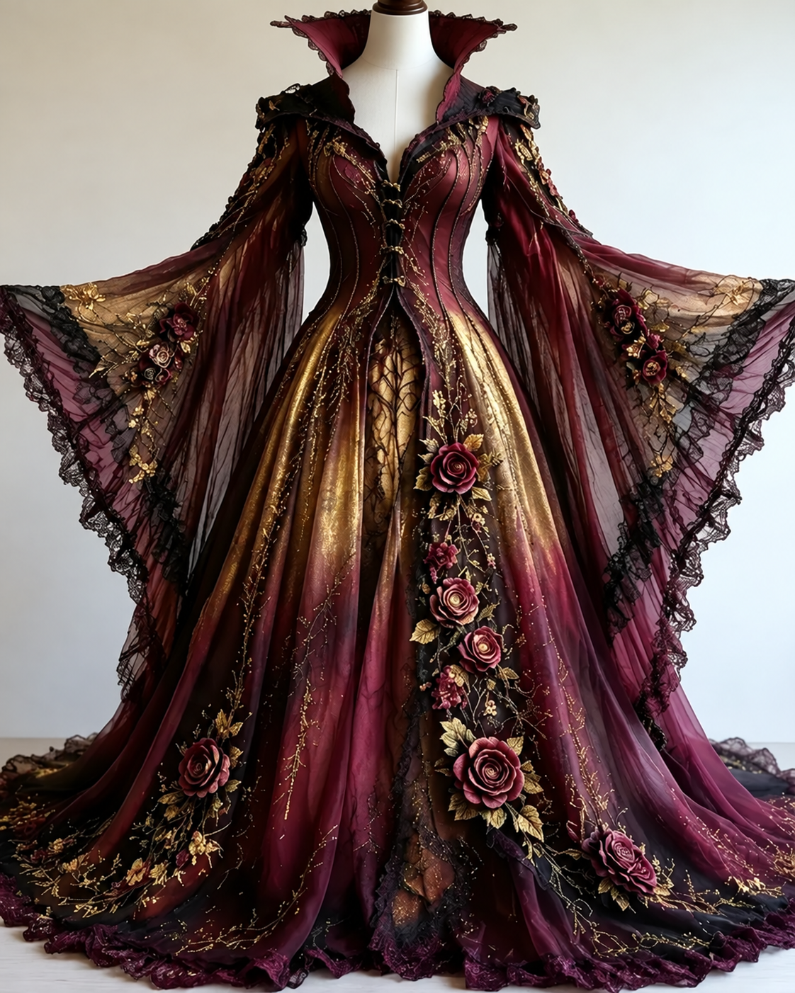 Vintage floral embroidery gradient irregular role-playing cape-style batwing sleeve stand-up collar dress 4019
