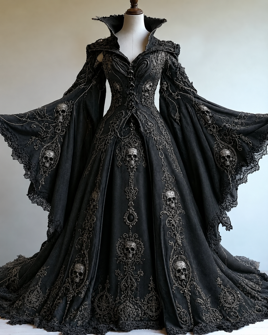 Women's Halloween-themed skull embroidered irregular role-playing witch cape batwing sleeve stand collar dress4174