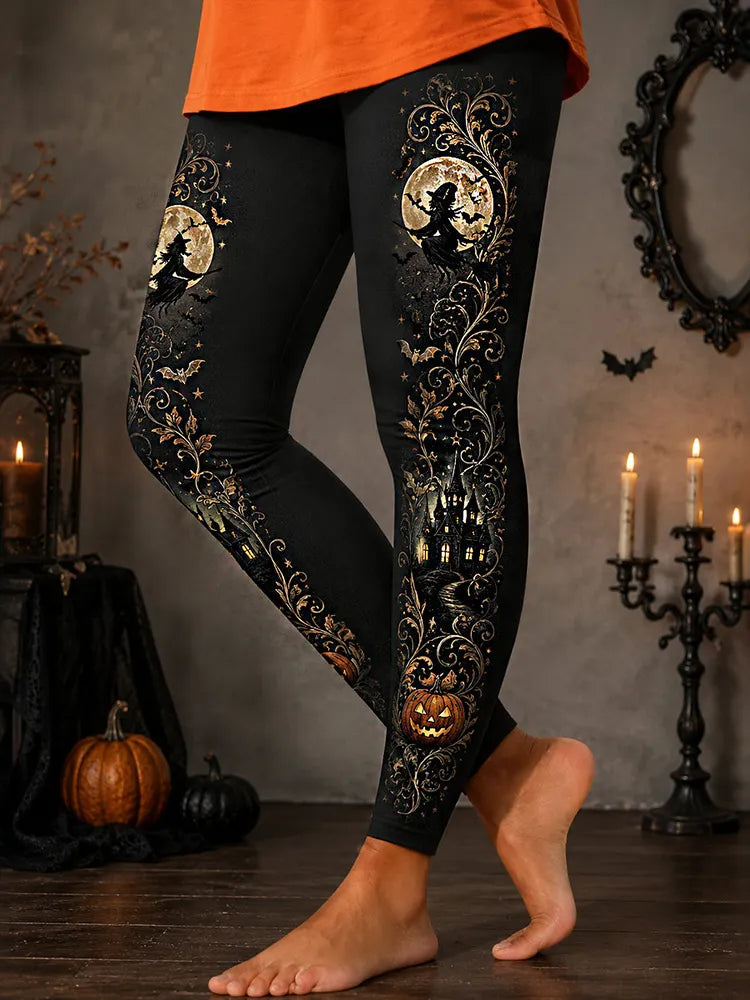 Women's Halloween Retro Casual Witch Pumpkin Castle Print Pants