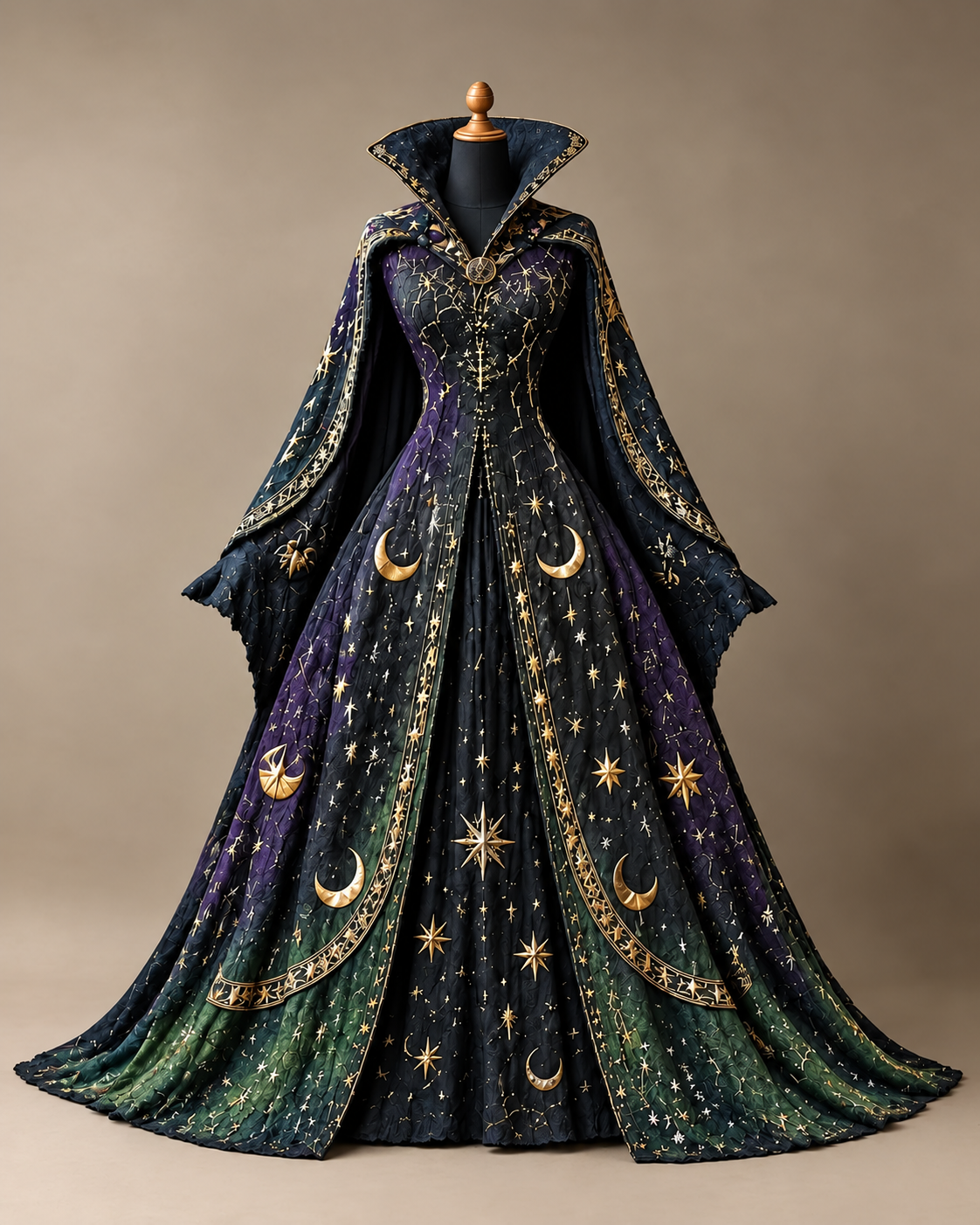 Women's Halloween-Themed Star-and-Moon Print Stand-Collar Cape-Style Dress3961
