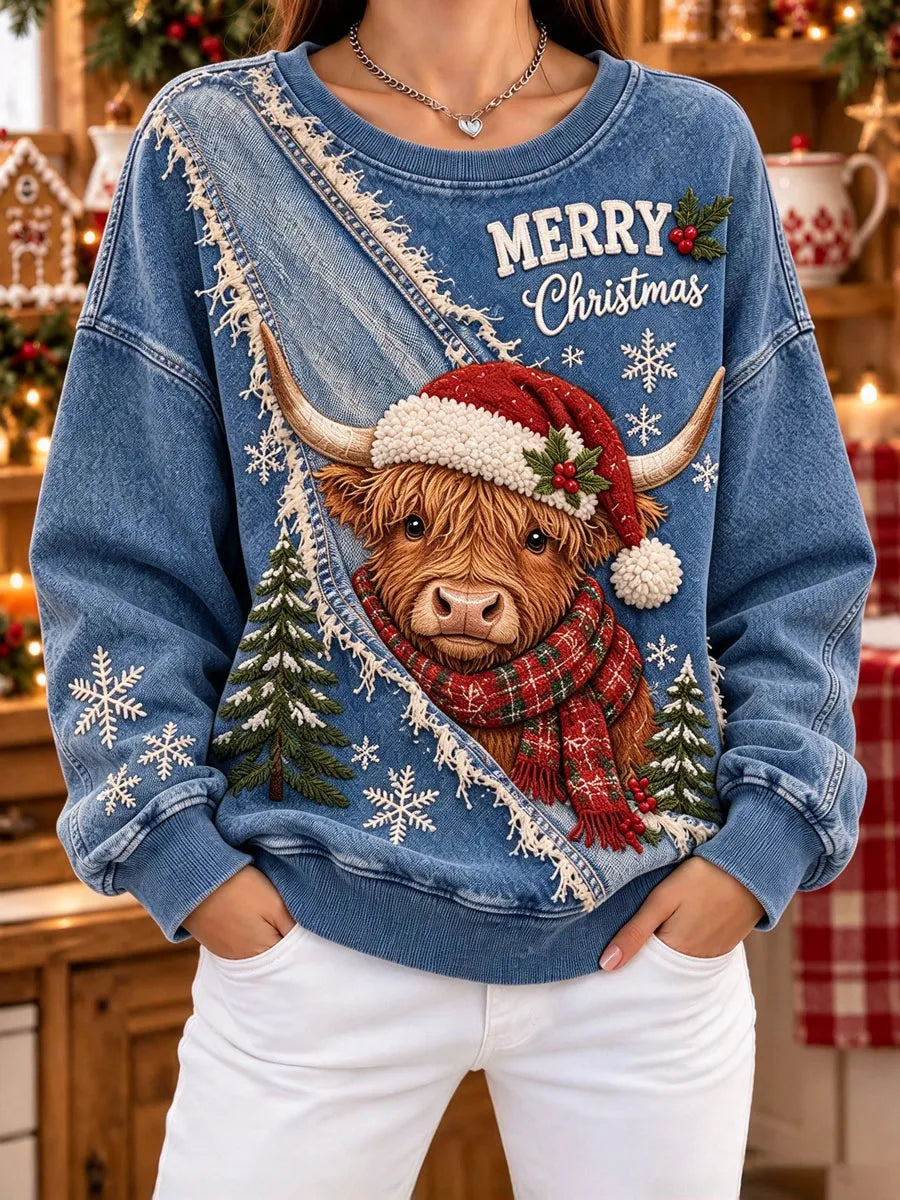 Ladies' Christmas Highland Cow Pattern Casual Hoodie