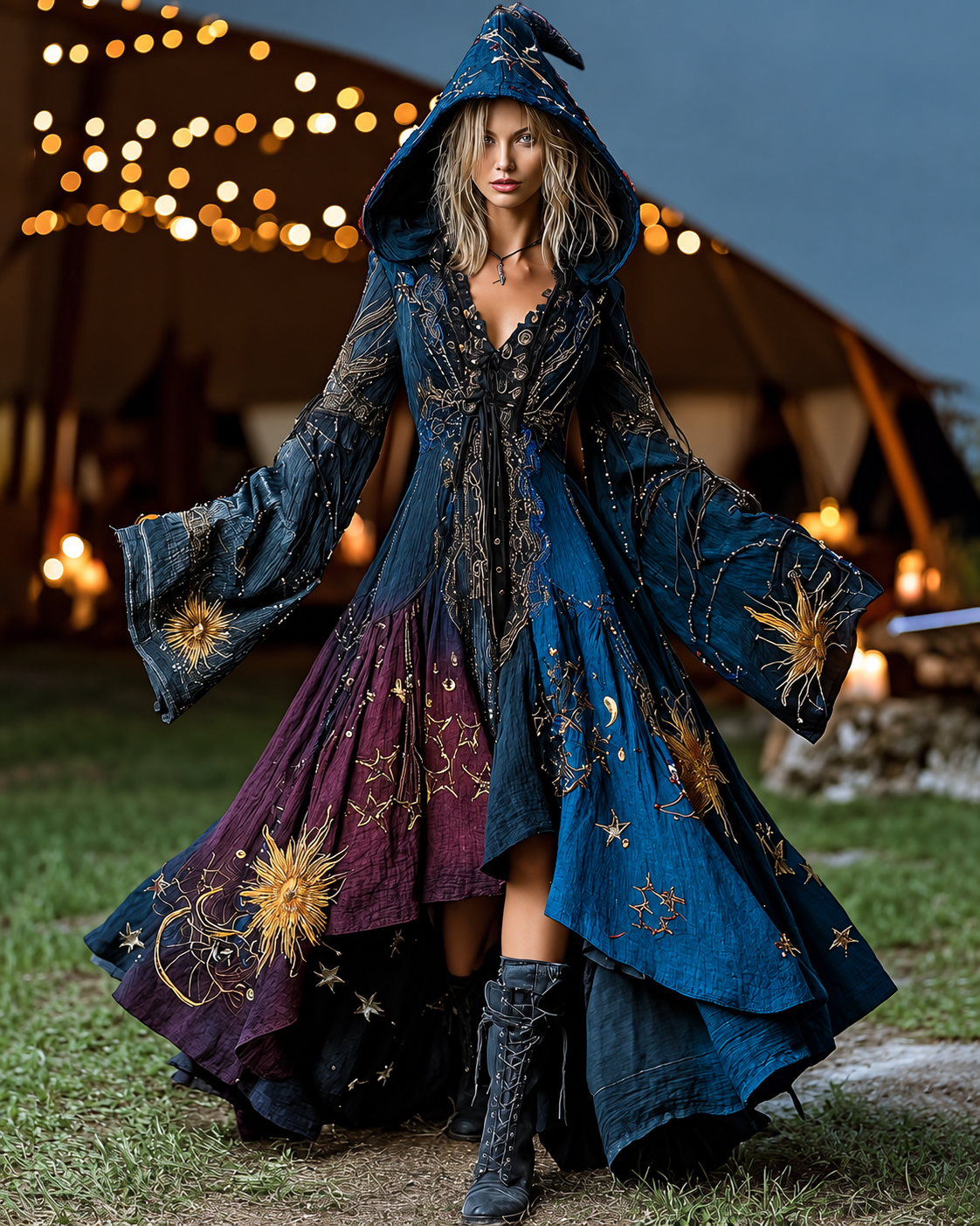 Star And Moon Themed Embroidery Gradient Hooded Witch Dress 4be7