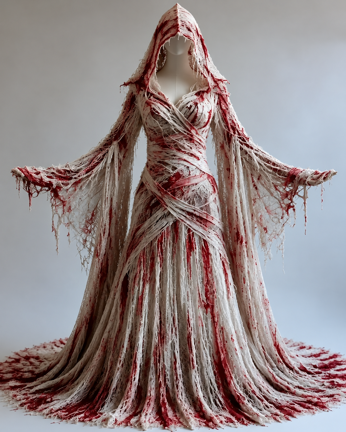 Women's Halloween-themed Gothic bandage blood gradient irregular cape-style batwing sleeve hooded dress5681