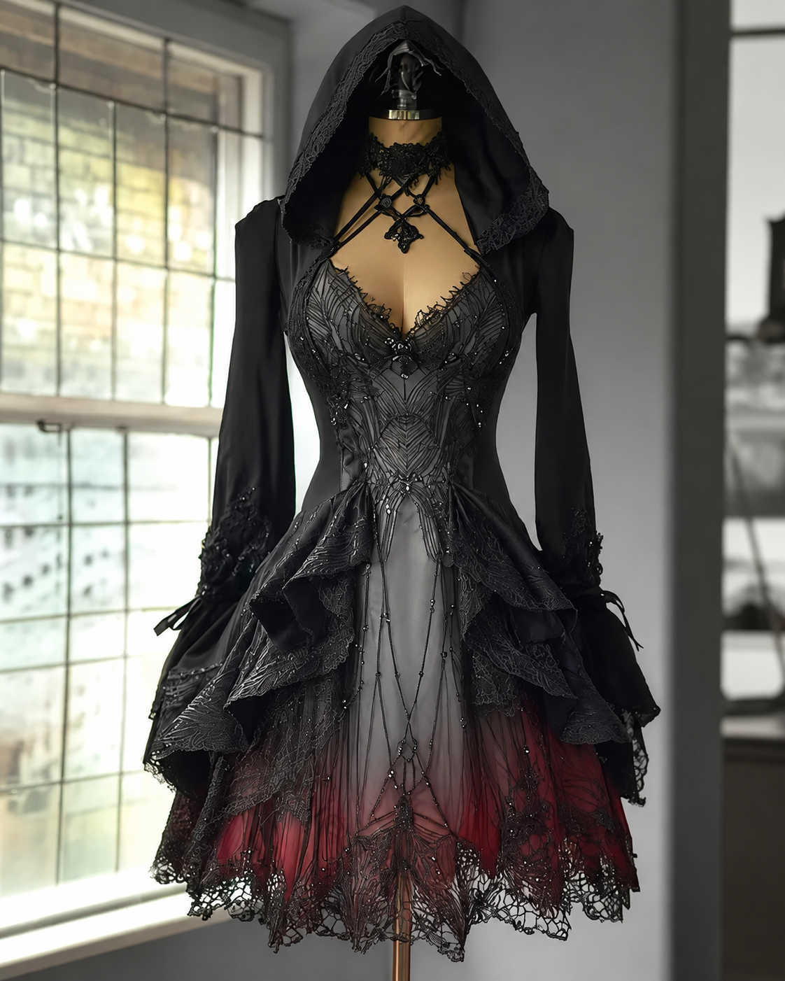 Women's Halloween Spiderweb Embroidered Lace Patchwork Hooded Dress 40a5
