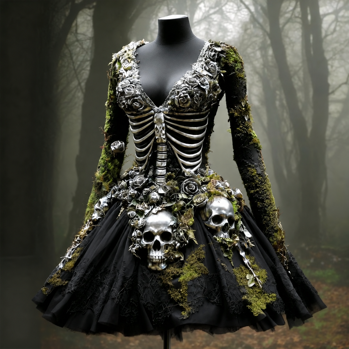 Women's Halloween Skull Flowers Moss Witch Midi Dress 95e9