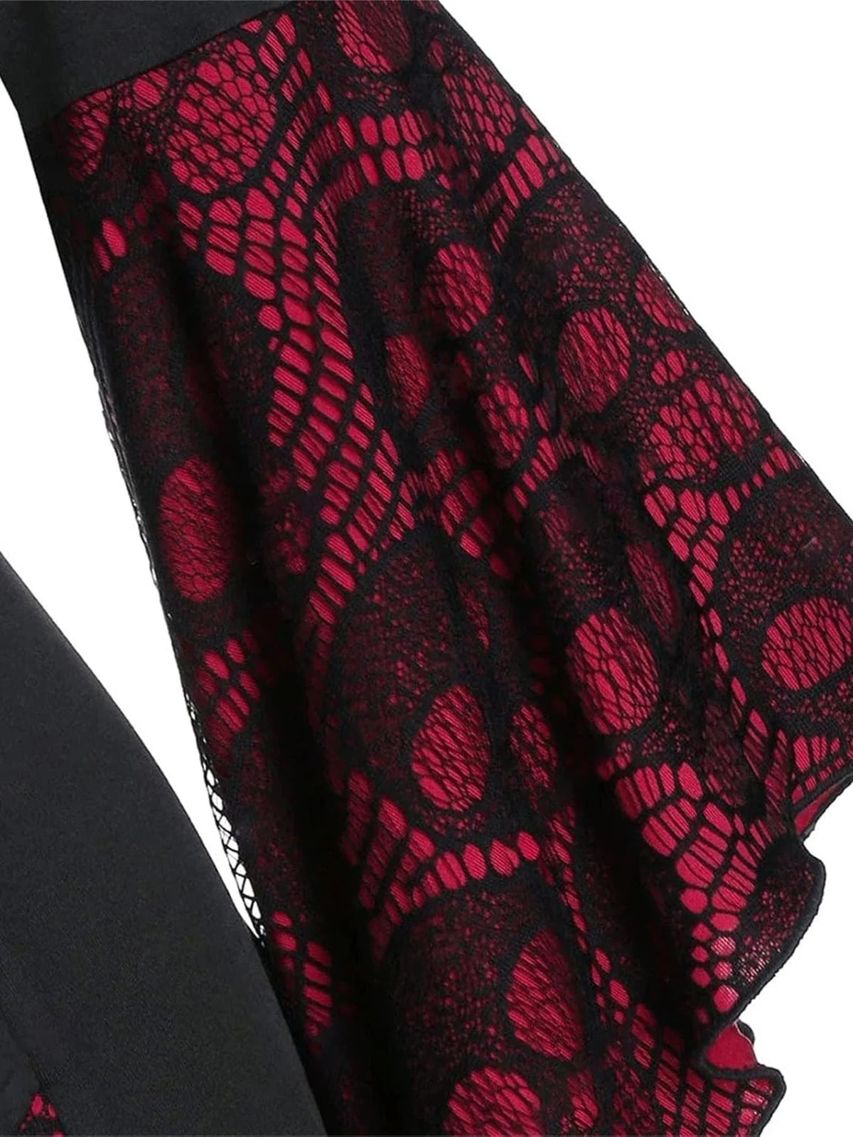 1940s Vintage Black and Burgundy Skull Print Lace Button-Up Dress