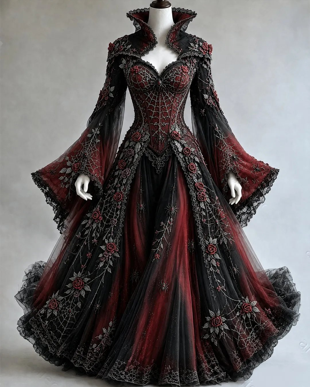 Women's Halloween-themed spider web & floral embroidered irregular cape-style batwing sleeve stand collar dress2990