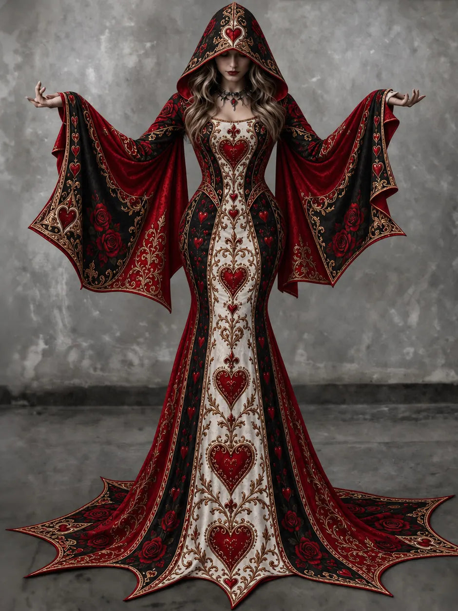 Women's Vintage Red Roses And Heart Batwing Flare Sleeve Round Neck Bodycon Maxi Dress With Hooded – Halloween Costume