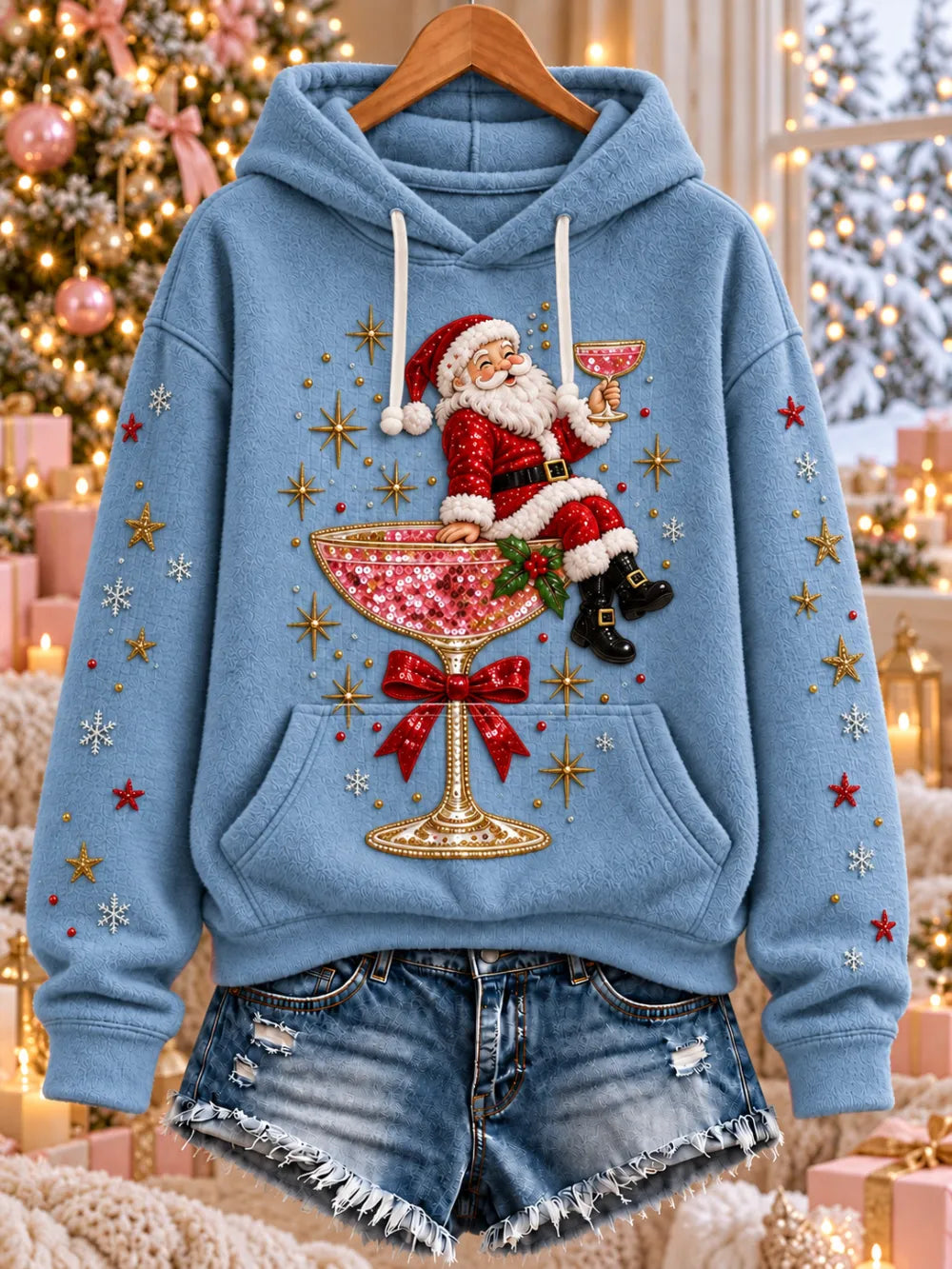 Women'S Christmas Themed Printed Flannel Hoodie
