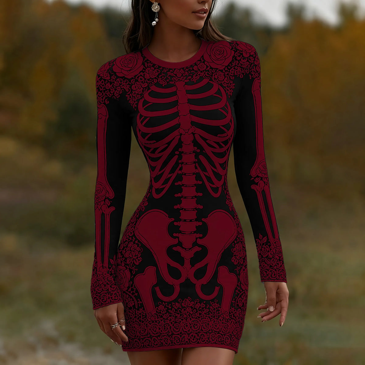 Women's Vintage Halloween Skeleton Bones With Rose Art Mini Dress