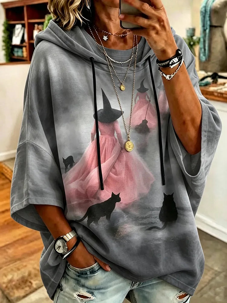 Women's Retro Halloween Printed Casual Mid-sleeve Hooded Sweatshirt