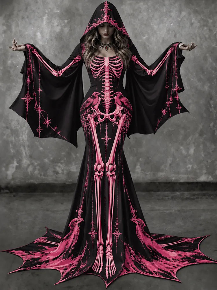 Women's Vintage Gothic Skeleton With Floral Batwing Flare Sleeve Round Neck Bodycon Maxi Dress With Hooded – Halloween Costume