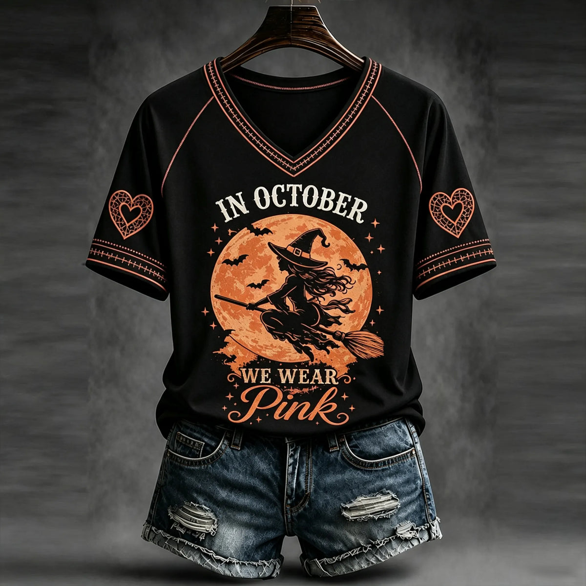 Women's Halloween Witch Broom Print Art V-neck Casual Top