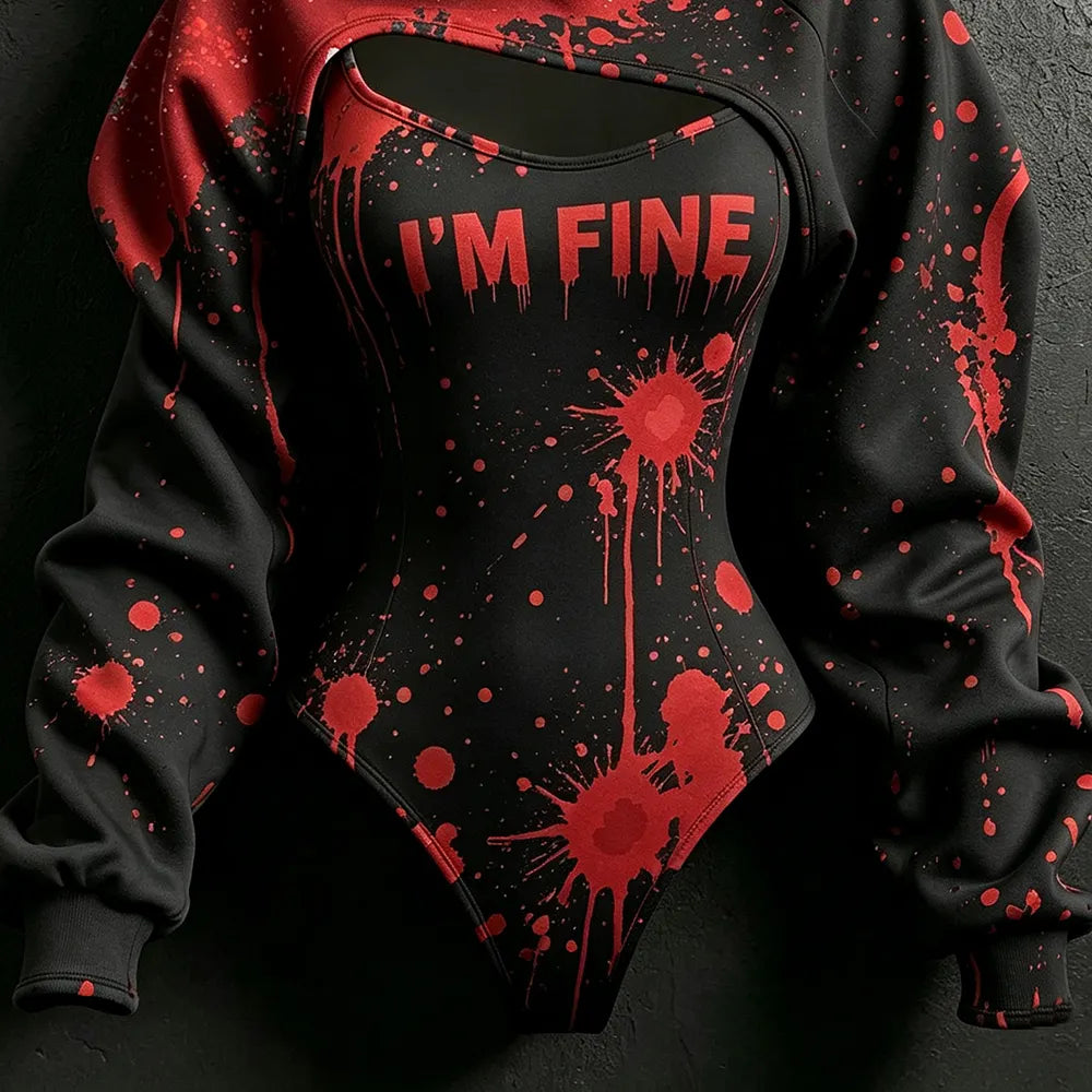 Women's Retro Halloween Bloodstain I'm Fine Print Hoodie Two-piece Set