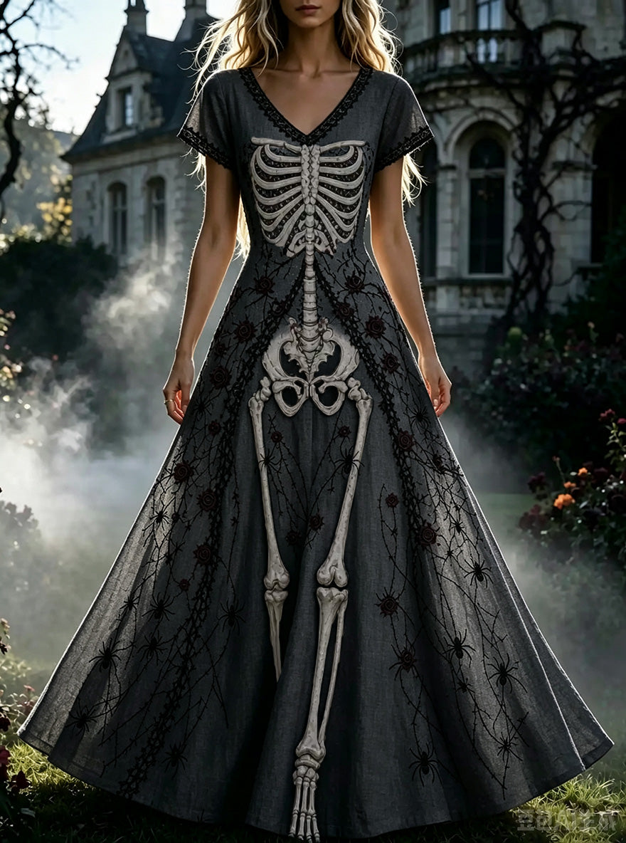 Women's Retro Gothic Skull Floral Pattern Short Sleeves Maxi Halloween Dress