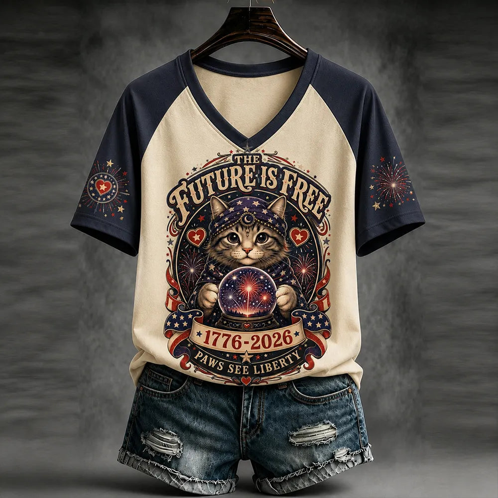 Women's Halloween Cute Cat And Usa Anniversary Art Print Raglan Sleeve T-shirt
