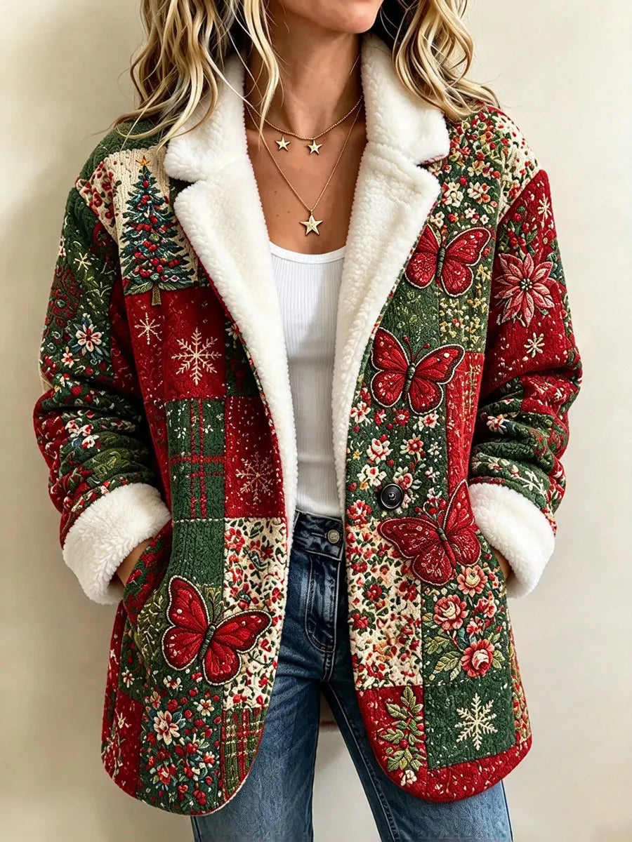 Women'S Butterfly and Floral-Themed Vintage Patchwork Sheepskin Coat