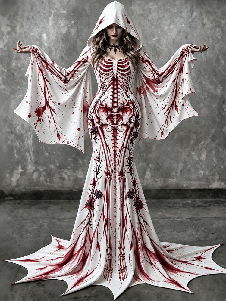 Women's Vintage Gothic Skeleton With Floral Batwing Flare Sleeve Round Neck Bodycon Maxi Dress With Hooded – Halloween Costume