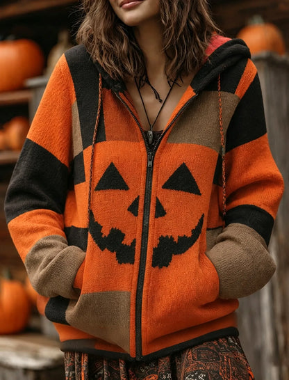 Patchwork Halloween Pumpkin Face Art  Cozy Knit Hooded Cardigan