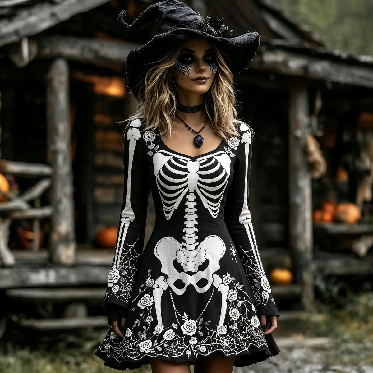 Women's Halloween Skull And Floral Gothic Patterns Art Round-neck Mini Dress
