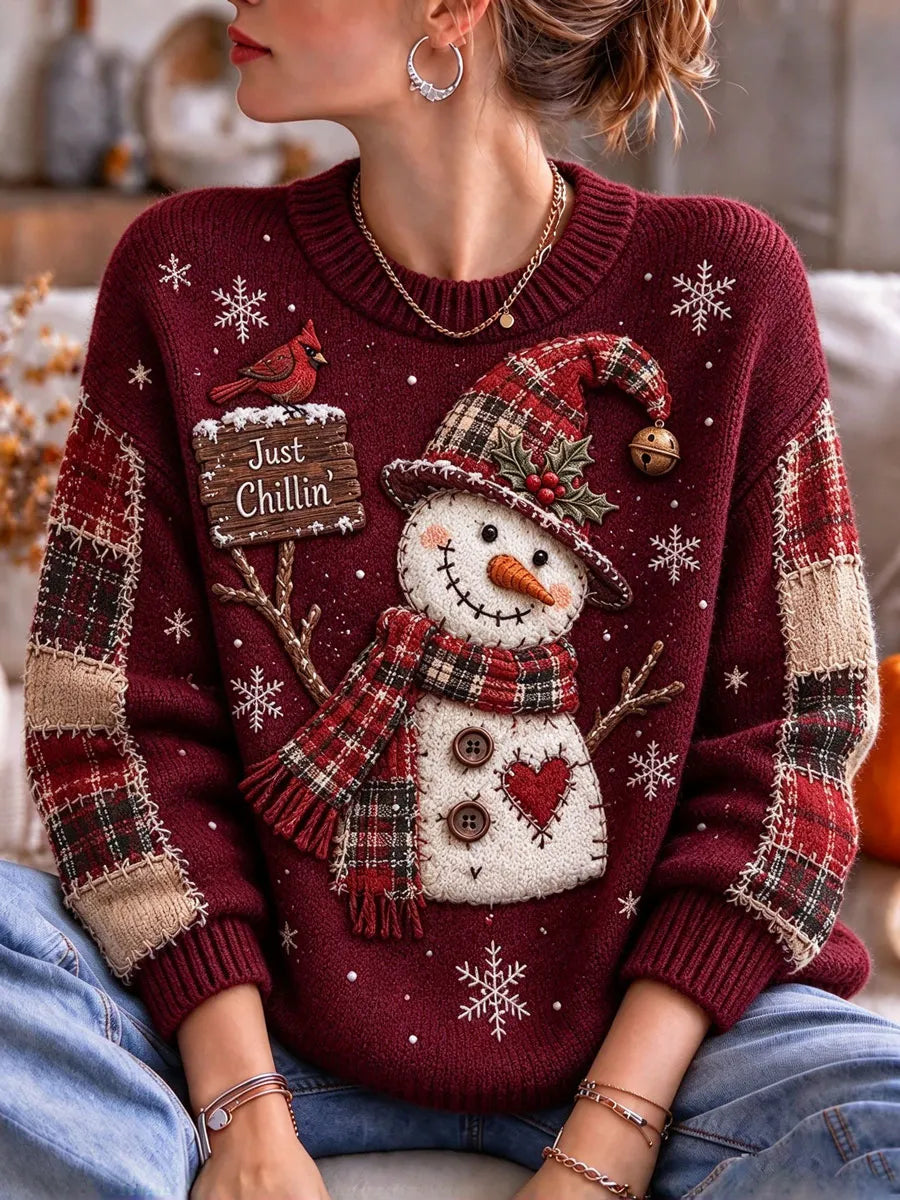 Ladies' Christmas Snowman Pattern Casual Knitted Shirt