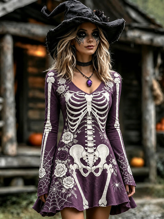 Women's Halloween Skull And Floral Gothic Patterns Art Round-neck Mini Dress