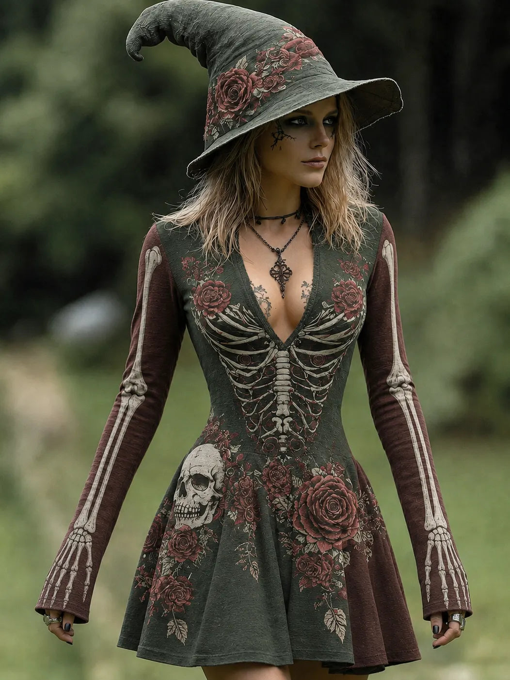 Women's Halloween Skull And Floral Patterns Art V Neck Mini Dress