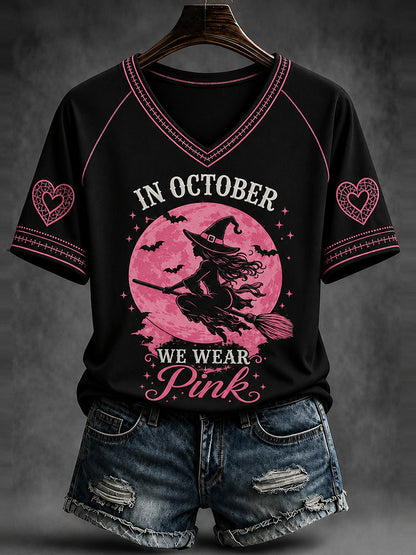 Women's Halloween Witch Broom Print Art V-neck Casual Top